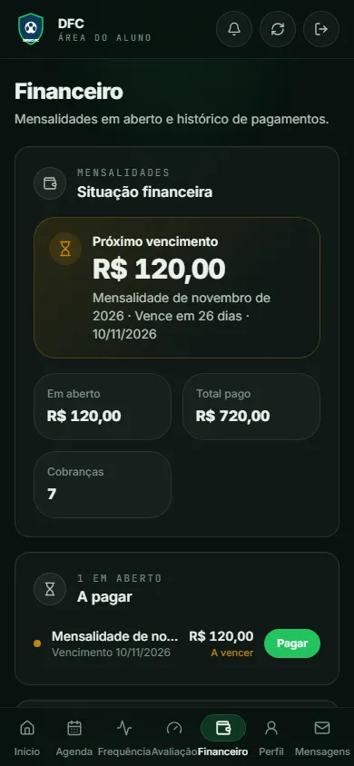 Mensalidades no portal do responsável, com o botão para pagar por Pix ou boleto